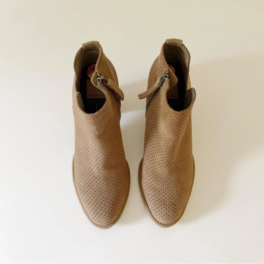 Dolce Vita Taupe Perforated Suede Ankle Booties with Stacked Heel - Picture 3 of 3